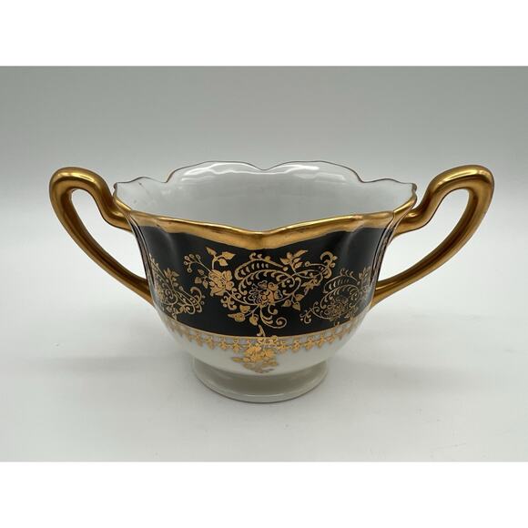 Vintage Pickard Hand Painted Porcelain Lotus Open Sugar Bowl Black & Gold 51-527 - Picture 2 of 9